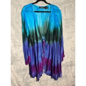 The Pyramid Collection Ombre Tie Dye Tie Front Cardigan Blue Purple Rayon
 3X